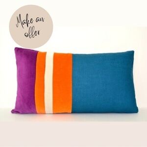 Striped Velvet and Linen Lumbar Pillow Cover in Teal, Orange & Purple